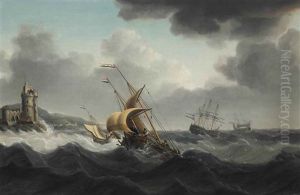 Fishermen Putting In A Reef In A Gale, Off A Fortified Headland Fishermen Putting In A Reef In A Gale, Off A Fortified Headland