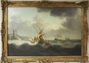 Bateau De Pecheurs Dans La Tempete Pres D"un Navire by Charles Martin Powell