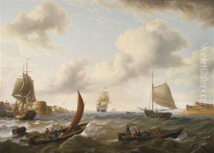 British Men Of War And Other Ships At The Mouth Of Portsmouth Harbor In Choppy Seas by Charles Martin Powell