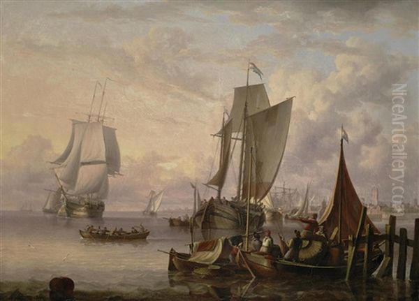 A Dutch Harbour Scene With Men-o-war And Other Shipping By A Quayside With Figures In Fishing Boats And A Town In The Distance At Sunset - view 1