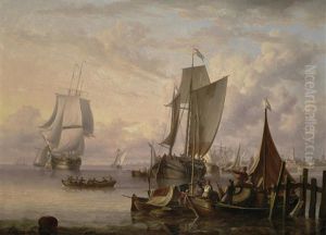 A Dutch Harbour Scene With Men-o-war And Other Shipping By A Quayside With Figures In Fishing Boats And A Town In The Distance At Sunset