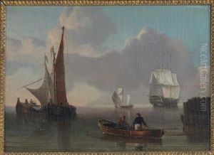 Harbor With Galleon, Sail Boats And Fishermen In A Rowboat