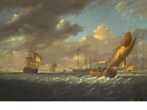 English Warships, A Cutter Yacht And Other Shipping In A Stiff Breeze In The Downs by Charles Martin Powell