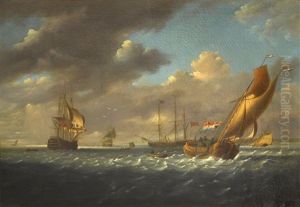 English Warships, A Cutter Yacht And Other Shipping In A Stiff Breeze In The Downs by Charles Martin Powell