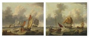 A Large Three-decker, A Frigate And Other Shipping In A Stiff Breeze Off The Harbour Mouth (+ Warships And Barges In An Offshore Swell; Pair) by Charles Martin Powell