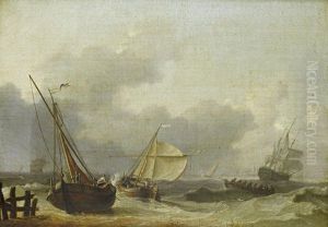 A Squall Off The Dutch Coast, With Small Craft And A Man-o'war Running For Shelter by Charles Martin Powell