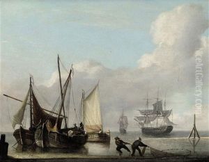Low Tide At The Mouth Of The Estuary With Fishermen Dragging In Their Nets On The Foreshore by Charles Martin Powell