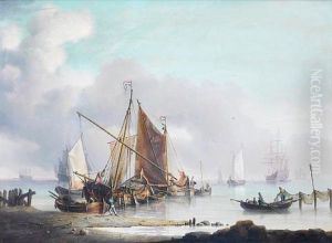 Dutch Hoys And Other Traditional Craft Moored Inshore, With A Warship Standing Out To Sea