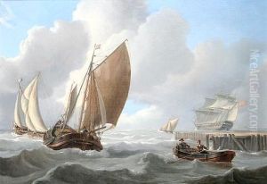 Off The Dutch Coast - Barge, Rowboat And Fishing Boats And A Naval Vessel In A Fresh Breeze by Charles Martin Powell
