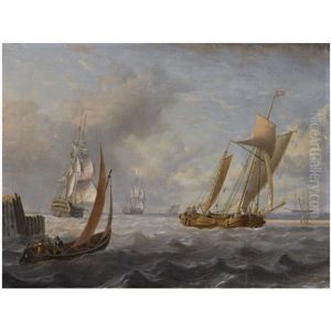 Fishing Boats And A Naval Vessel Off A Pier