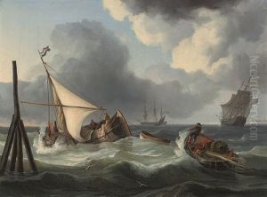 Fishermen Wrestling With The Swell At High Tide, Off The Mouth Of The Scheldt