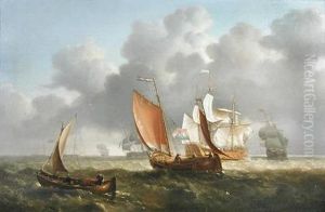 Dutch Sailing Ships In A Stormy Sea, A Rowing Boat Alongside