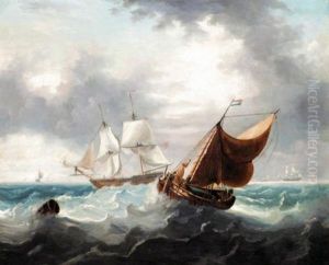 A Frigate And A Dutch Barge In Choppy Seas
