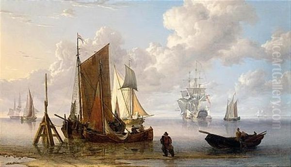 A Man Of War And Other Shipping Off The Coast At Low Tide - view 1