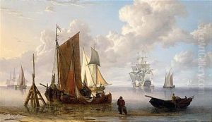 A Man Of War And Other Shipping Off The Coast At Low Tide