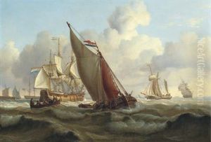 Busy Shipping Lanes Off A Harbour With A Three-masted Dutch Merchantman Hove-to To Take On The Pilot by Charles Martin Powell