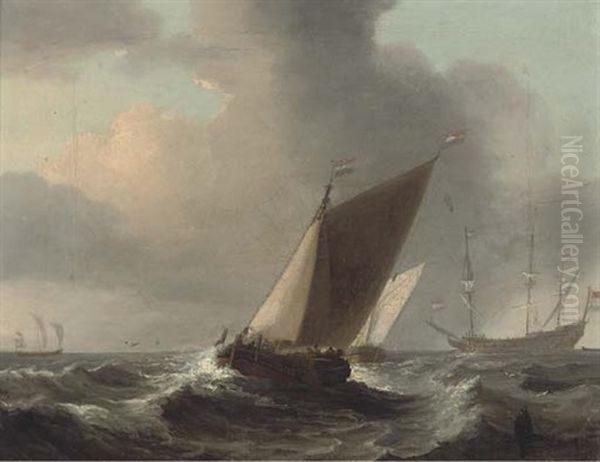 A Dutch Flagship Anchored Offshore With Dutch Barges On Opposite Tacks In The Foreground - view 1