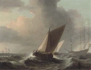 A Dutch Flagship Anchored Offshore With Dutch Barges On Opposite Tacks In The Foreground