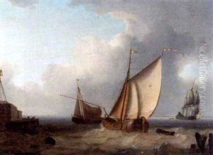 Fishing Boats And A Man-o-war Off A Harbour Entrance by Charles Martin Powell