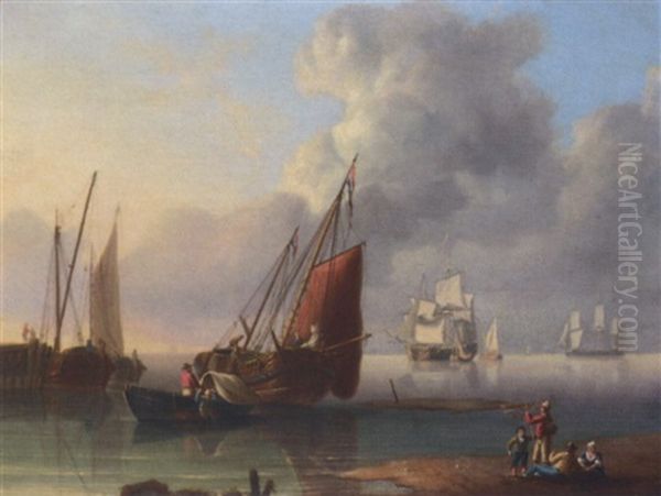 Unloading The Catch At The End Of The Day, With Merchantmen At Anchor Beyond - view 1
