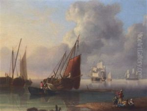 Unloading The Catch At The End Of The Day, With Merchantmen At Anchor Beyond by Charles Martin Powell