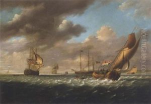 An English Man Of War, A Dutch Barge And Other Shipping Vessels Of The Coast In A Light Breeze by Charles Martin Powell