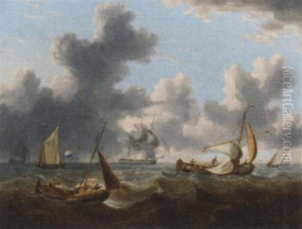 A Frigate Under Reduced Sail Running Through Crowded Waters - view 1
