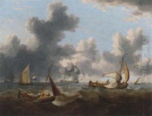 A Frigate Under Reduced Sail Running Through Crowded Waters by Charles Martin Powell