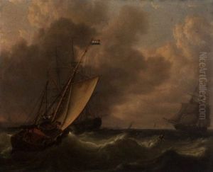 A Dutch Hoy Running Out To Meet A Man-o-war Arriving Off A Port by Charles Martin Powell