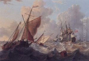 A British Man Of War And Dutch Barges