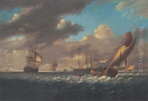 A Royal Naval First Rate Ship-of-the-line And A 22-gun Frigate Together With A Dutch Barge, A Pilot Cutter And Other Shipping In The Downs by Charles Martin Powell