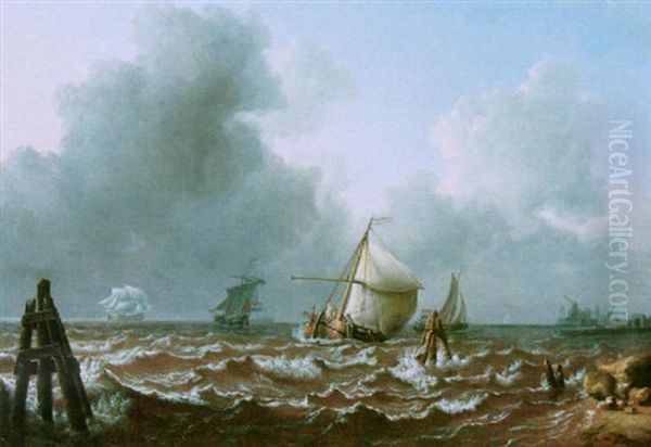 Dutch Men-of-war And Barges Off The Coast In A Breeze - view 1