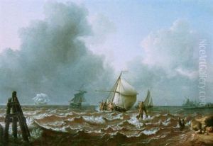 Dutch Men-of-war And Barges Off The Coast In A Breeze