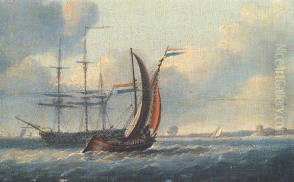A Dutch Smalschip And A Two-decker In Coastal Waters - view 1