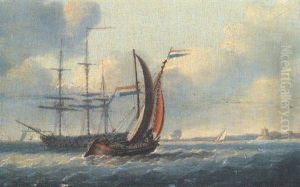 A Dutch Smalschip And A Two-decker In Coastal Waters by Charles Martin Powell