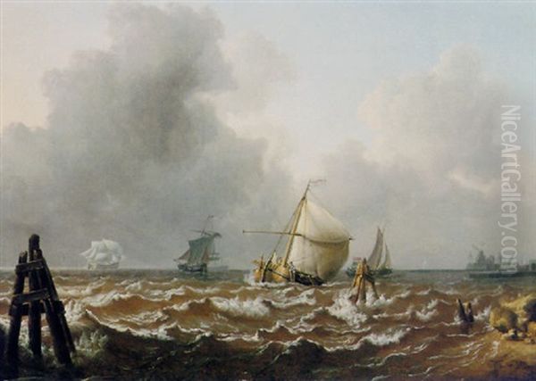 Dutch Men Of War And Barges Off The Coast In A Breeze - view 1