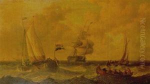 A War Ship Entering A Harbour With Dutch Fishing Boats Nearby by Charles Martin Powell