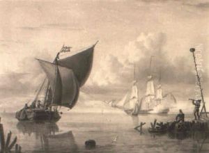 A Dutch Douw And Frigate Off The Coast by Charles Martin Powell