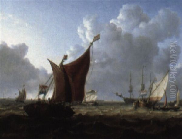 A Dutch Frigate Hoisting Sail Amongst Pinks And Barges Off The Shore - view 1