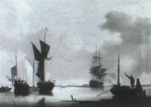 Calm - A Naval Vessel Firing A Salute by Charles Martin Powell