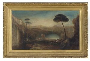 Classical Landscape With Ruins, Figures And Pond by Lucien Whiting Powell