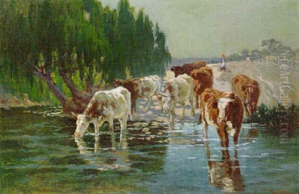 Cattle Drinking By A River - view 1