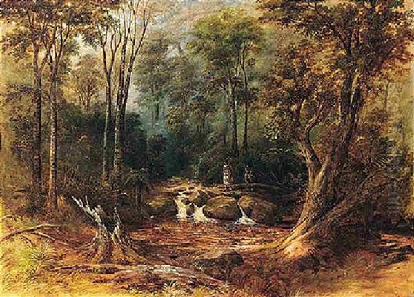 Maori Hunters Crossing A Woodland Stream, New Zealand - view 1