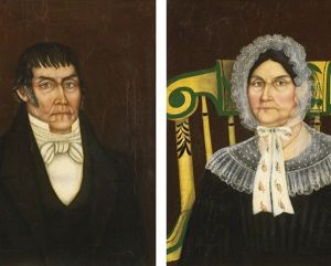 Gentleman In White Stock And Tie; Lady In White Bonnet With Floral Ribbons Seated In A Yellow Paint-decorated Rocker: Portraits Of Mr. And Mrs. Van Wormer Of Watertown, New York by Asahel Lynde Powers
