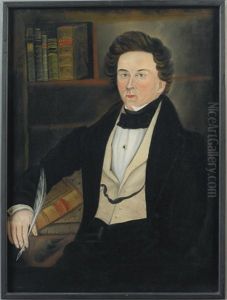 A Young Man In A Yellow Vest Seated At His Desk Holding A Quill Pen, A Portrait Of Abel Fisk Farrar Worcester, Massachusetts (later Rindge, Nh)