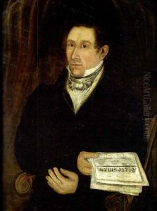 Portrait Of Young Man In Paint Decorated Armchair Holding Statesman Dated May 15, 1831 by Asahel Lynde Powers