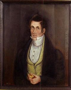 Portrait Of Man With White Pleated Shirt And Stock With Yellow Patterned Vest, Depicted Holding A Fig