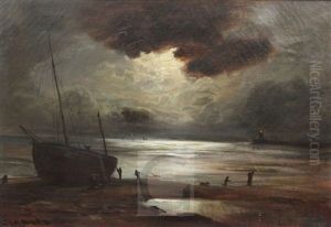 Fishermen Along The Shore Under Moonlight