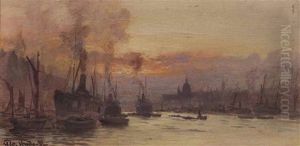 Sunset On The Thames With St Paul's Beyond by George Hyde Pownall