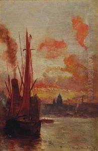 The Thames At Sunset, St Paul's Beyond by George Hyde Pownall
